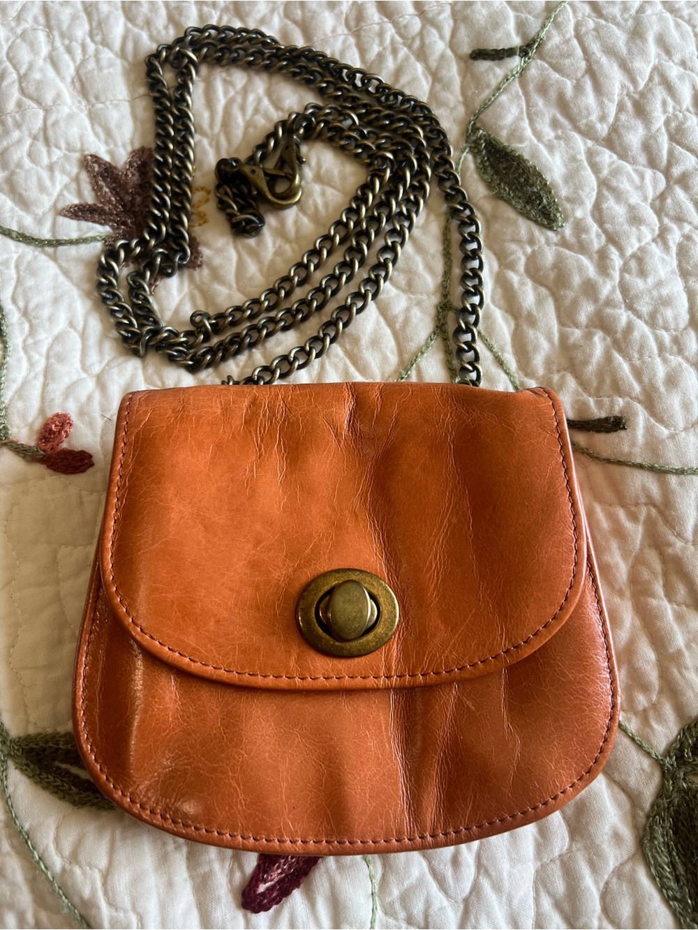 HOBO International Mini Shoulder Crossbody Bag Orange Chain Strap Leather